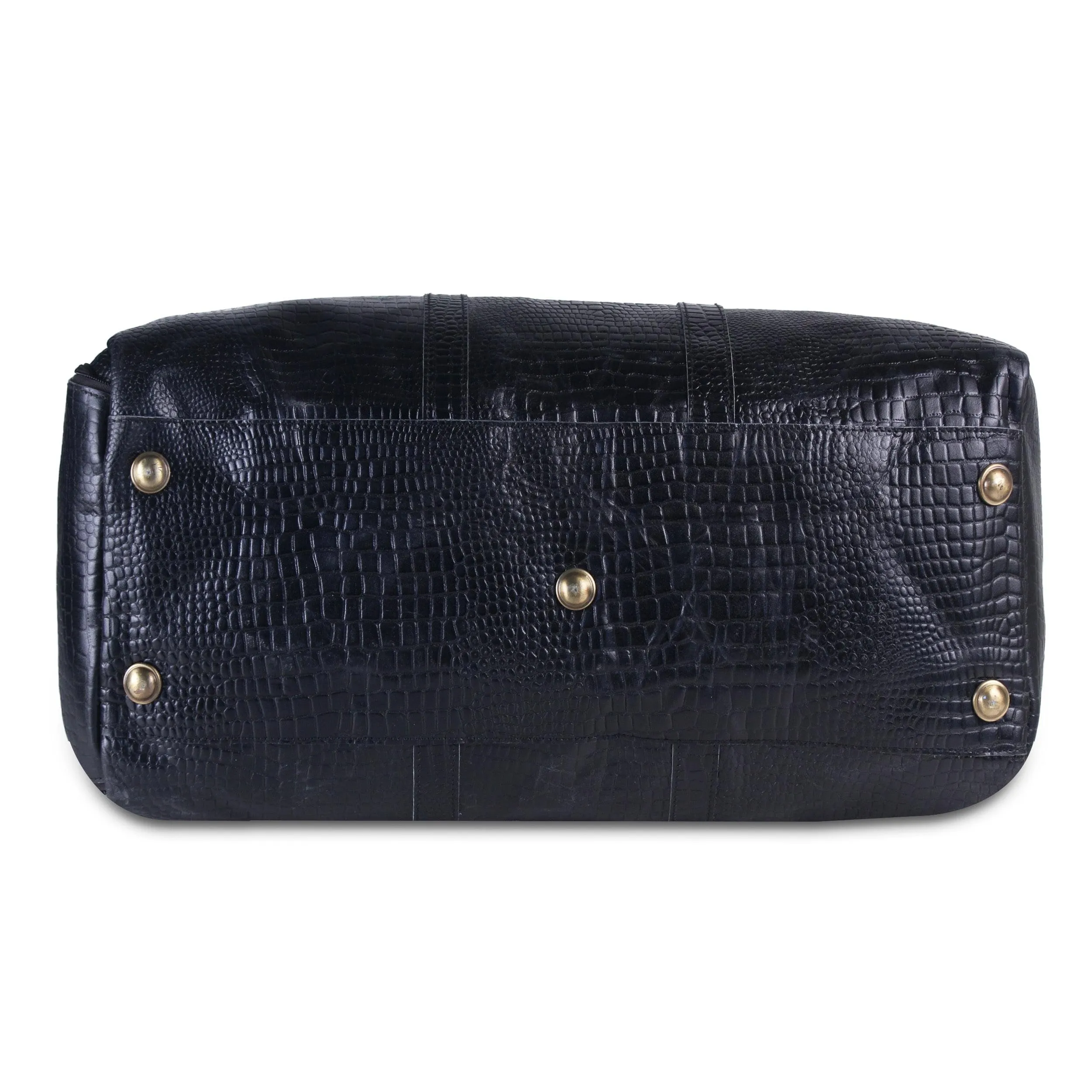 Genuine Black Leather Crocodile Textured Duffle Bag