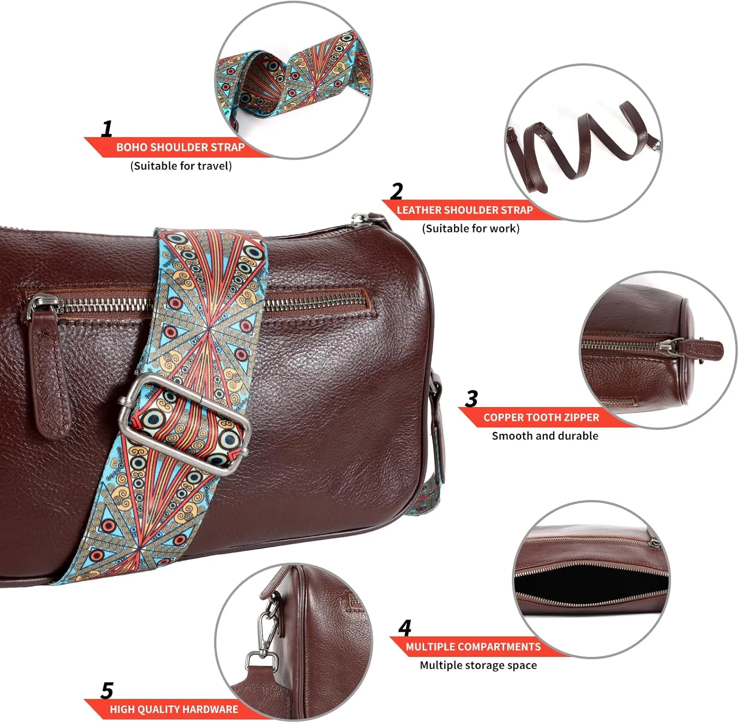 Genuine Leather crossbody bag for Women-Leather purse Shoulder Handbag with Bohemian wide strap