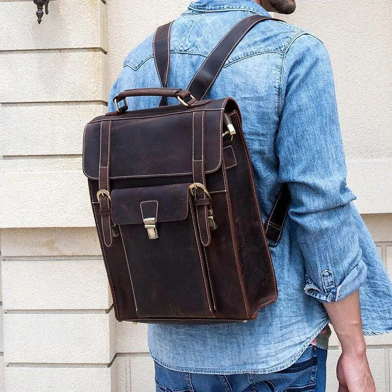 Genuine Leather Men's Backpack Crazy Horse Leather Fit 14"