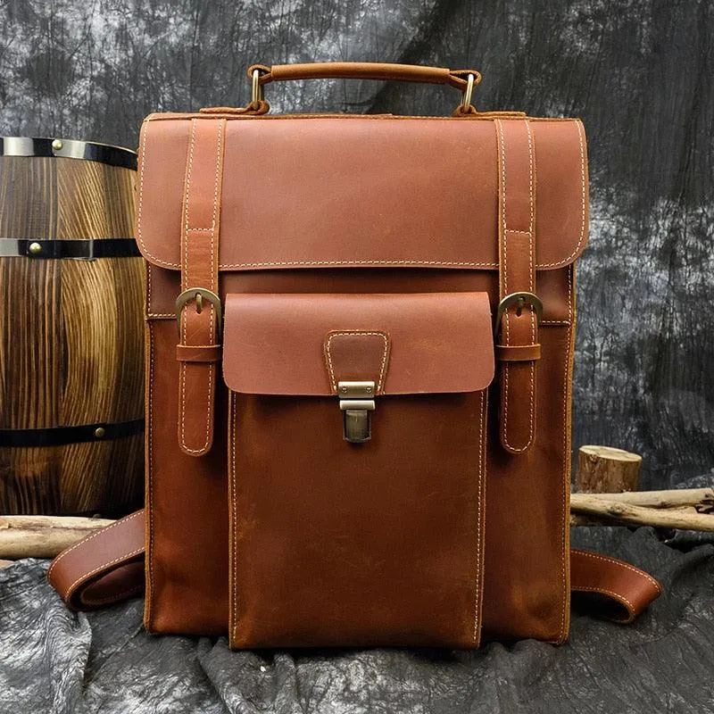 Genuine Leather Men's Backpack Crazy Horse Leather Fit 14"