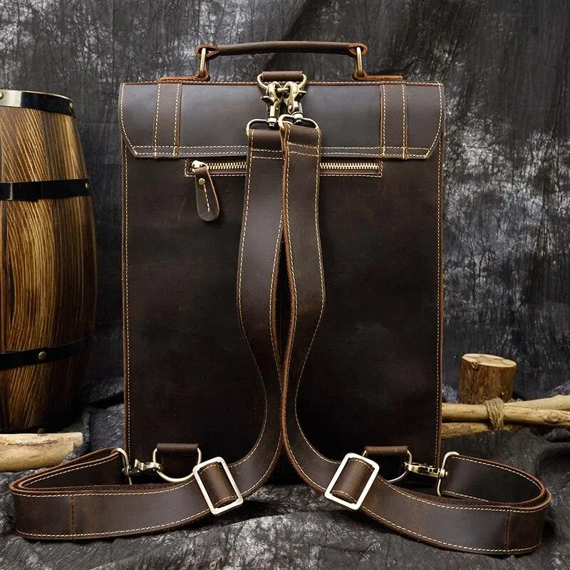 Genuine Leather Men's Backpack Crazy Horse Leather Fit 14"