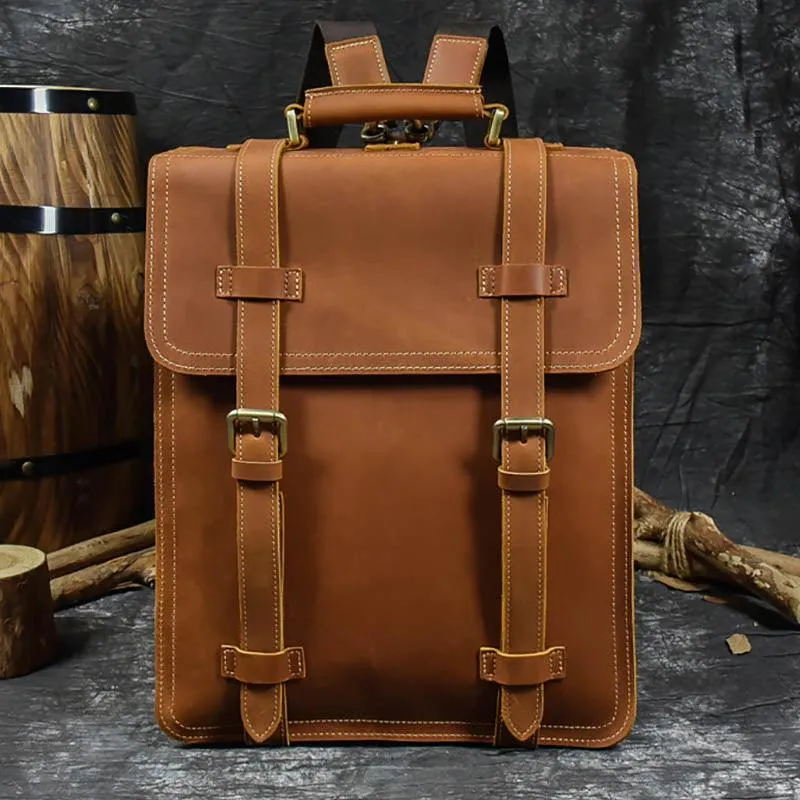 Genuine Leather Men's Backpack Crazy Horse Leather Fit 14"