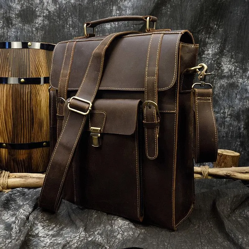 Genuine Leather Men's Backpack Crazy Horse Leather Fit 14"