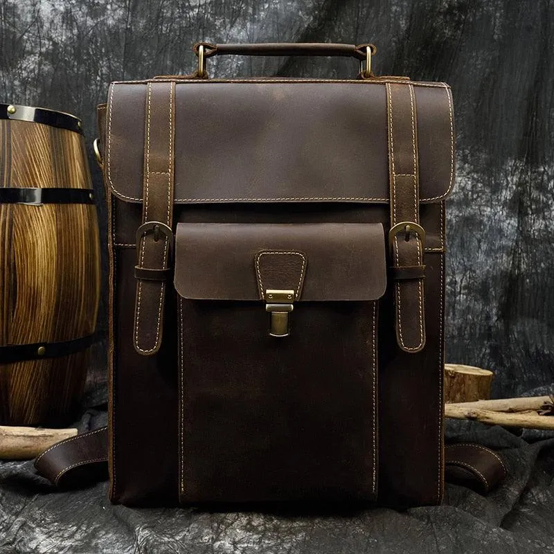 Genuine Leather Men's Backpack Crazy Horse Leather Fit 14"