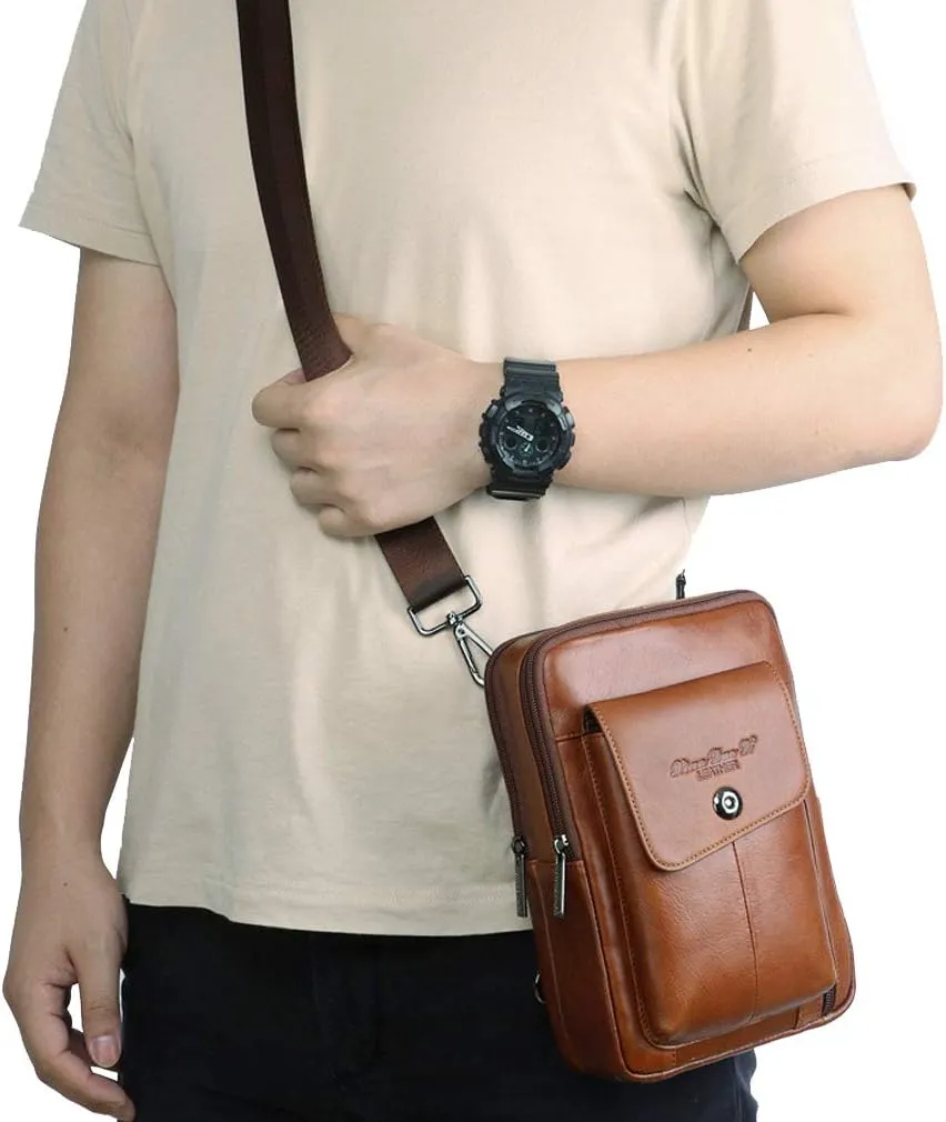 Hebetag Small Leather Sling Shoulder Bag Messenger Pack for Men Women Outdoor Travel Business