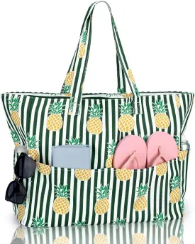 Iioscre Beach Bag for Women, Large Beach Tote Bag with Zipper Pockets, Waterproof Sandproof Swim Bag Pool Vacation Travel