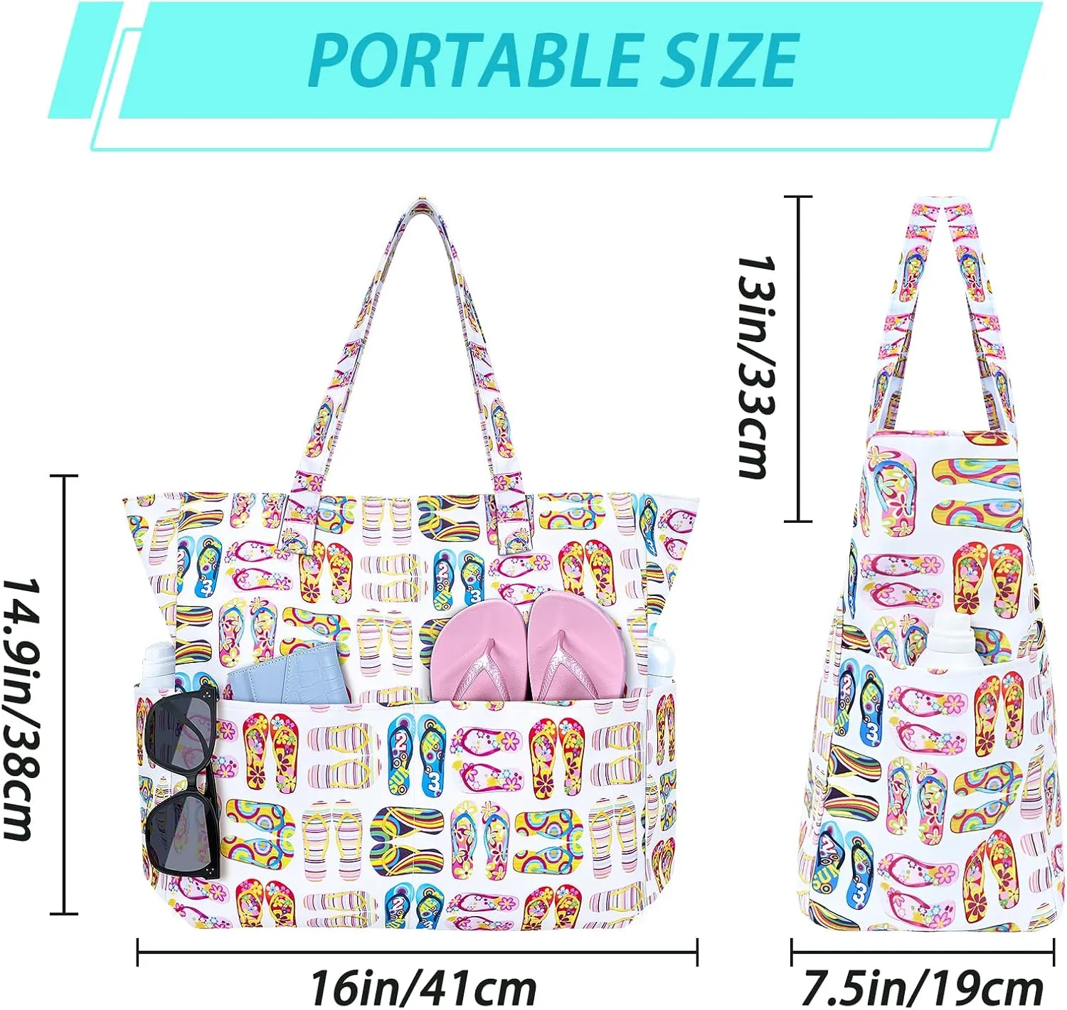 Iioscre Beach Bag for Women, Large Beach Tote Bag with Zipper Pockets, Waterproof Sandproof Swim Bag Pool Vacation Travel