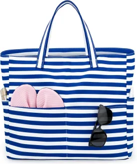 Iioscre Beach Bag for Women, Large Beach Tote Bag with Zipper Pockets, Waterproof Sandproof Swim Bag Pool Vacation Travel