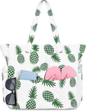 Iioscre Beach Bag for Women, Large Beach Tote Bag with Zipper Pockets, Waterproof Sandproof Swim Bag Pool Vacation Travel