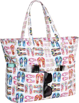 Iioscre Beach Bag for Women, Large Beach Tote Bag with Zipper Pockets, Waterproof Sandproof Swim Bag Pool Vacation Travel