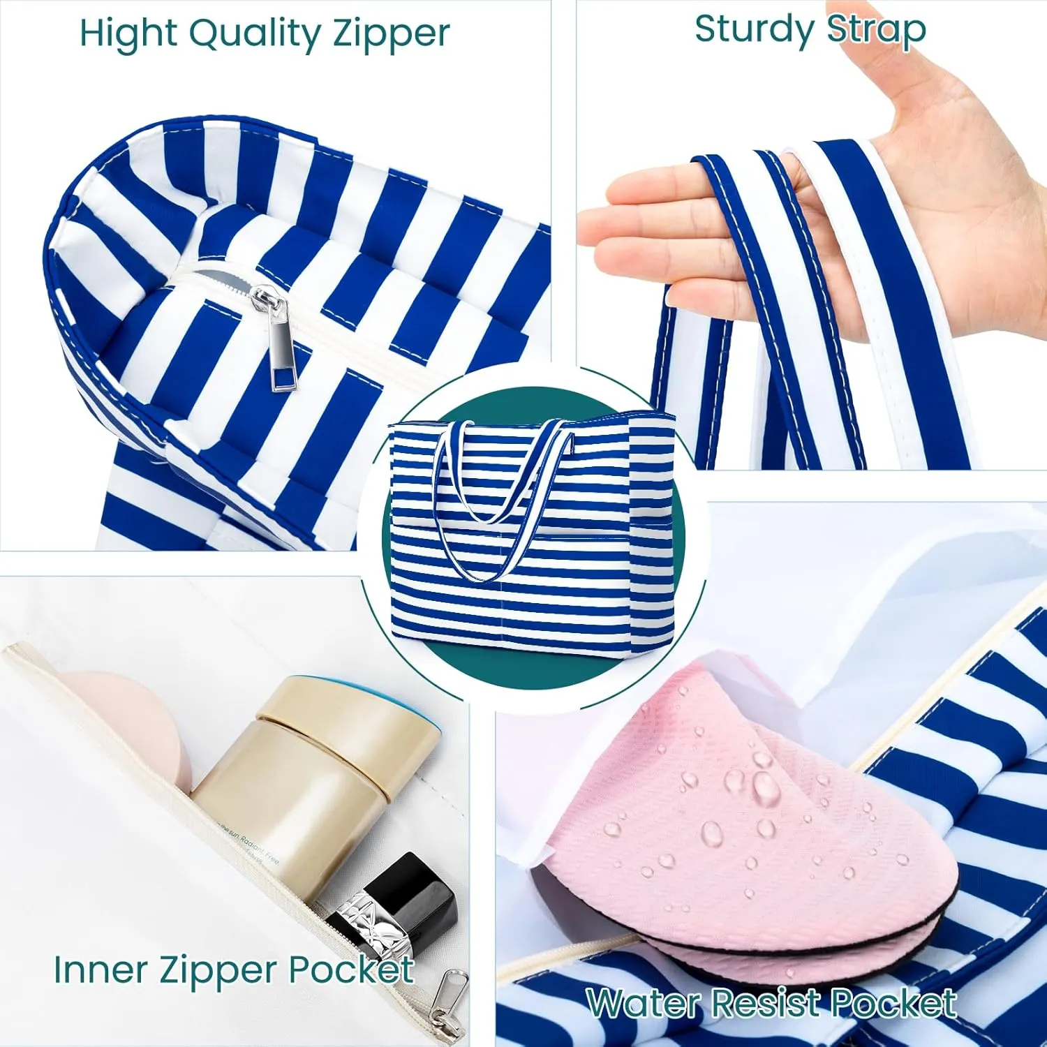 Iioscre Beach Bag for Women, Large Beach Tote Bag with Zipper Pockets, Waterproof Sandproof Swim Bag Pool Vacation Travel