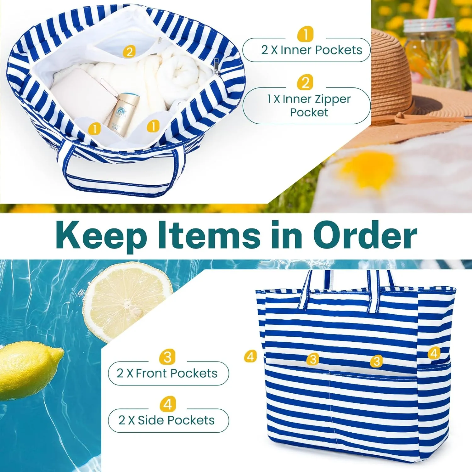 Iioscre Beach Bag for Women, Large Beach Tote Bag with Zipper Pockets, Waterproof Sandproof Swim Bag Pool Vacation Travel