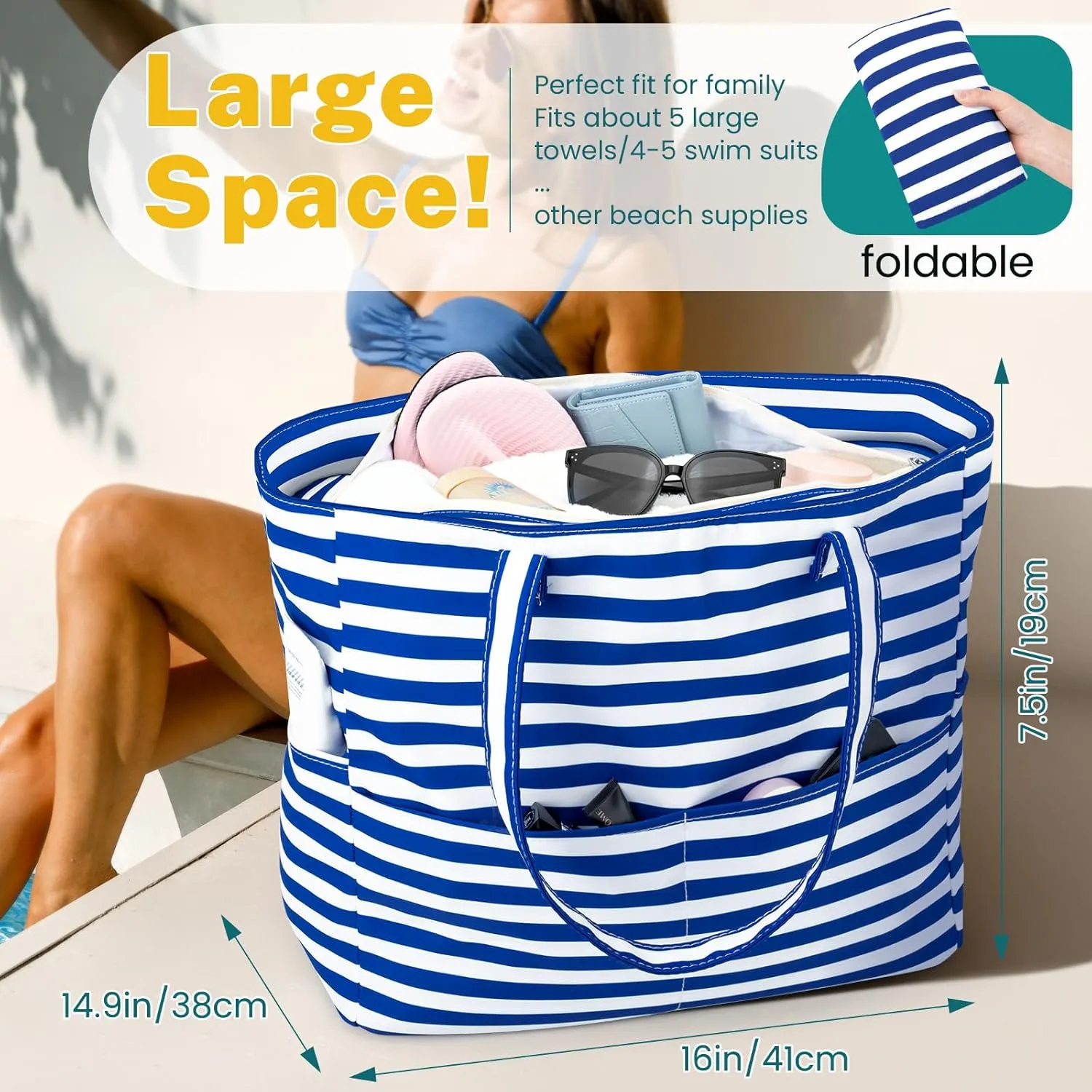 Iioscre Beach Bag for Women, Large Beach Tote Bag with Zipper Pockets, Waterproof Sandproof Swim Bag Pool Vacation Travel