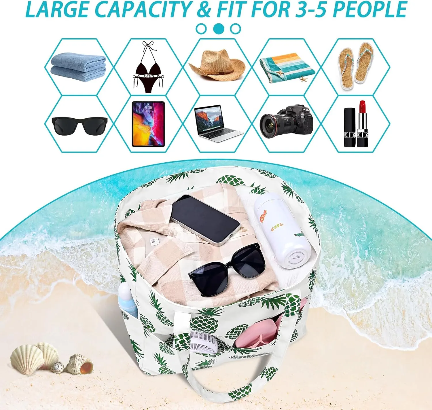 Iioscre Beach Bag for Women, Large Beach Tote Bag with Zipper Pockets, Waterproof Sandproof Swim Bag Pool Vacation Travel