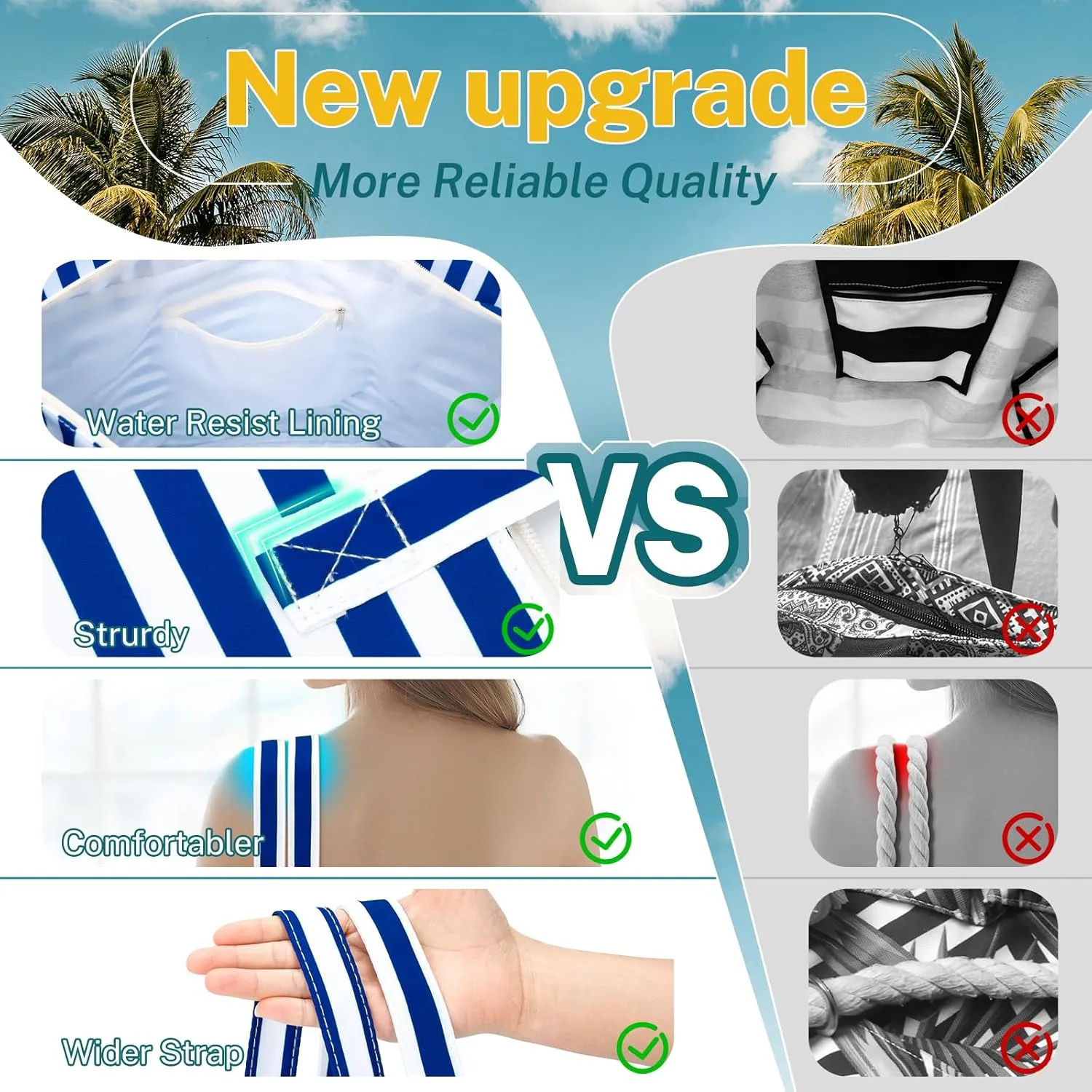 Iioscre Beach Bag for Women, Large Beach Tote Bag with Zipper Pockets, Waterproof Sandproof Swim Bag Pool Vacation Travel