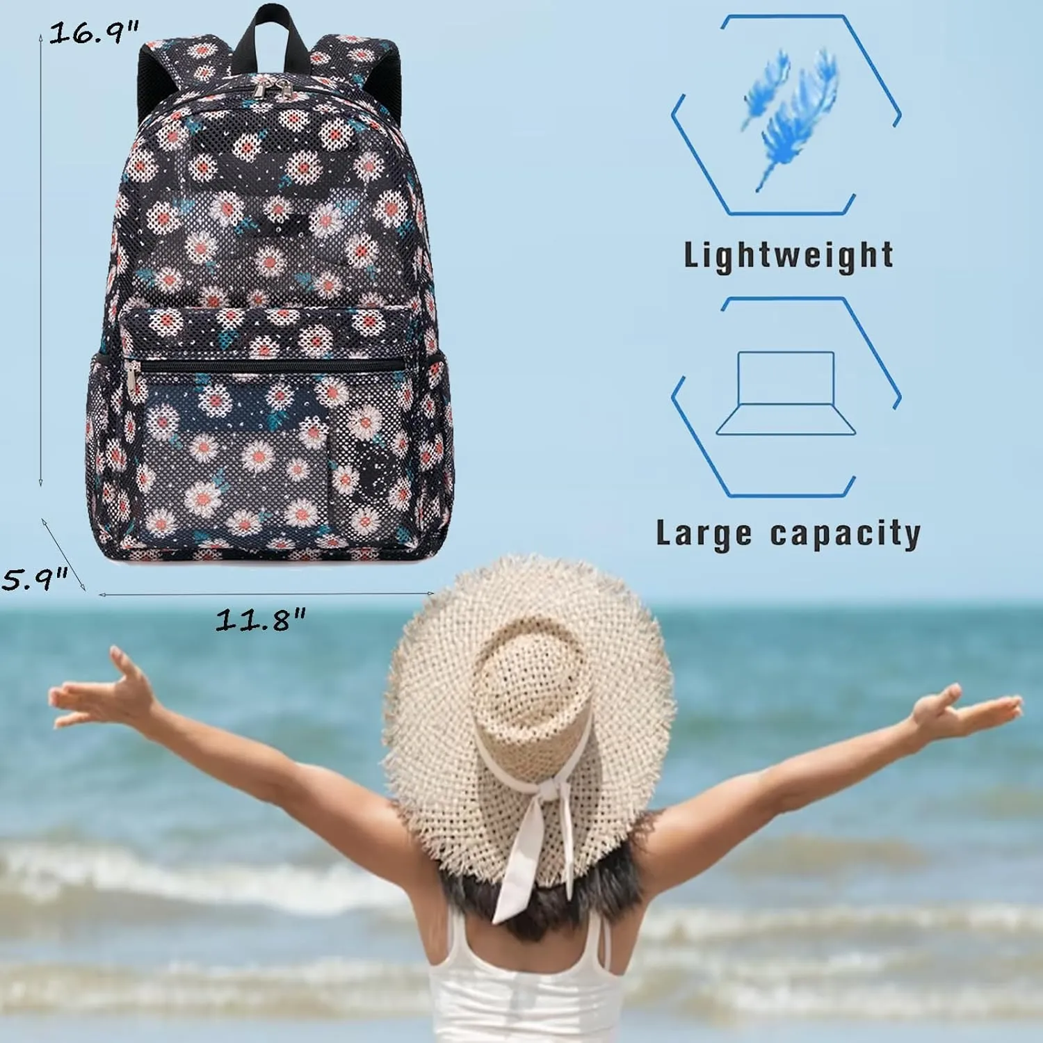 Jumpopack Mesh Backpack for Girls Kids Semi-Transparent Mesh School Backpack Bookbag Lightweight See Through Backpack for Beach Gym Travel,Daisy