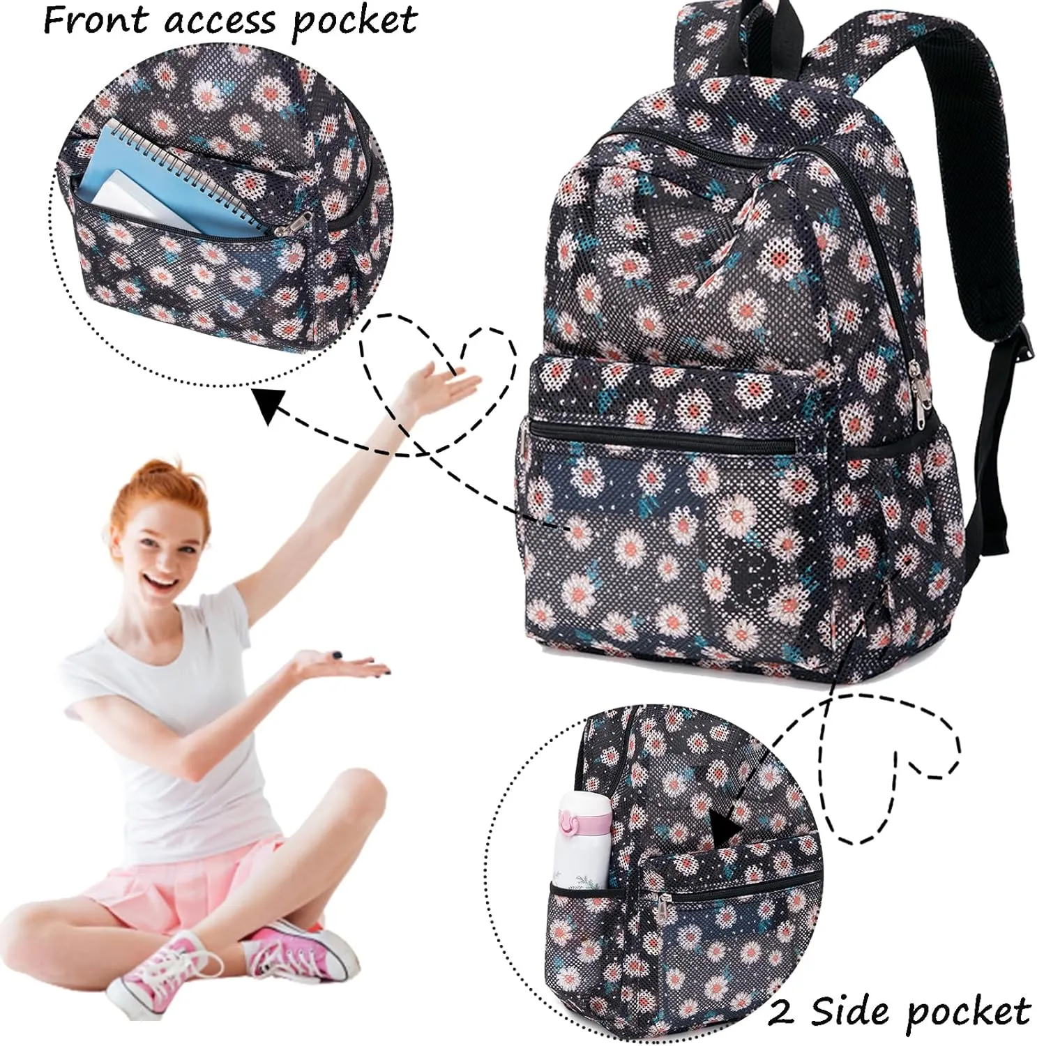Jumpopack Mesh Backpack for Girls Kids Semi-Transparent Mesh School Backpack Bookbag Lightweight See Through Backpack for Beach Gym Travel,Daisy