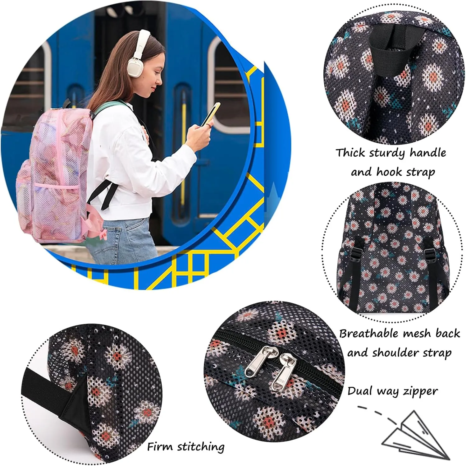 Jumpopack Mesh Backpack for Girls Kids Semi-Transparent Mesh School Backpack Bookbag Lightweight See Through Backpack for Beach Gym Travel,Daisy