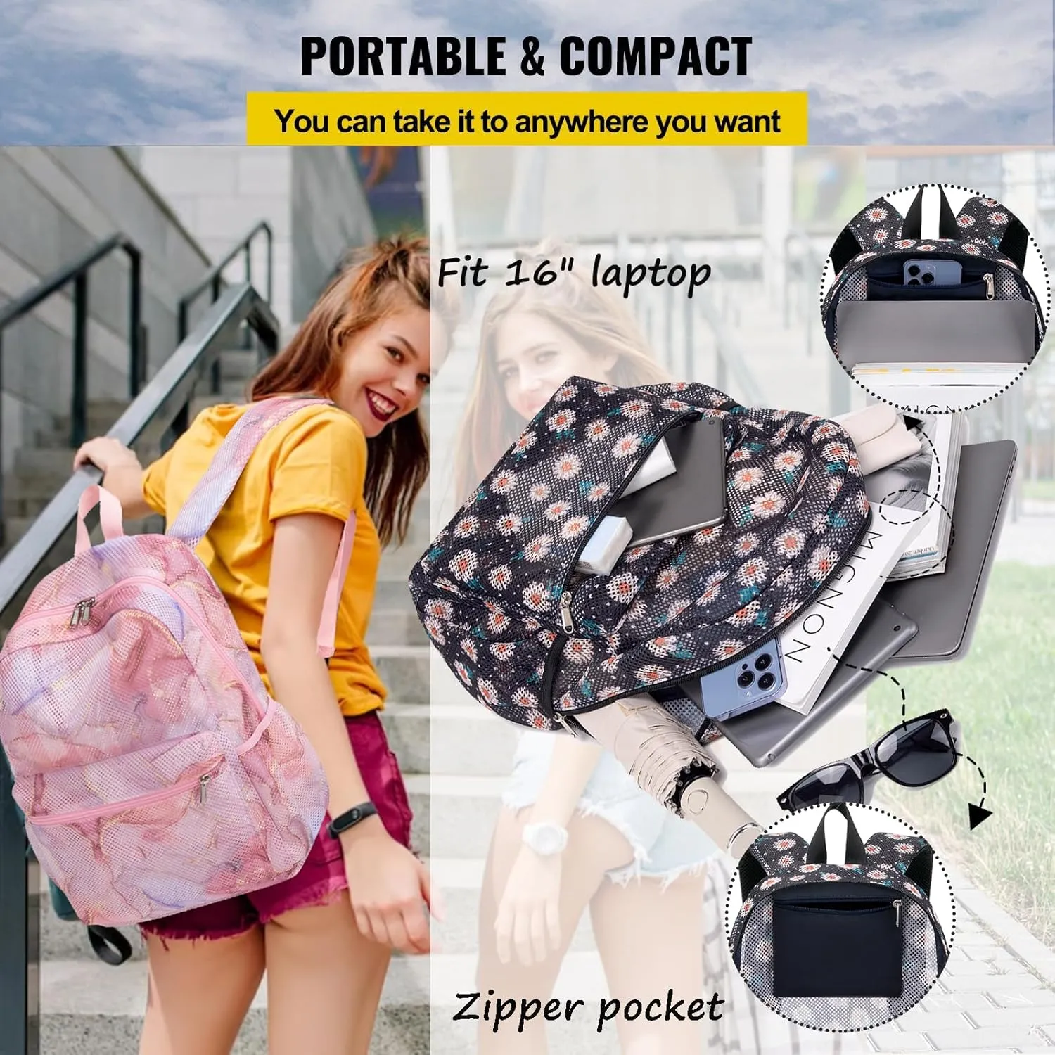 Jumpopack Mesh Backpack for Girls Kids Semi-Transparent Mesh School Backpack Bookbag Lightweight See Through Backpack for Beach Gym Travel,Daisy