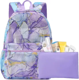 Jumpopack Mesh Backpack for Girls Mesh School Backpack Kids Semi-Transparent Bookbag Lightweight See Through Backpack for Beach Gym Travel,Marble Blue