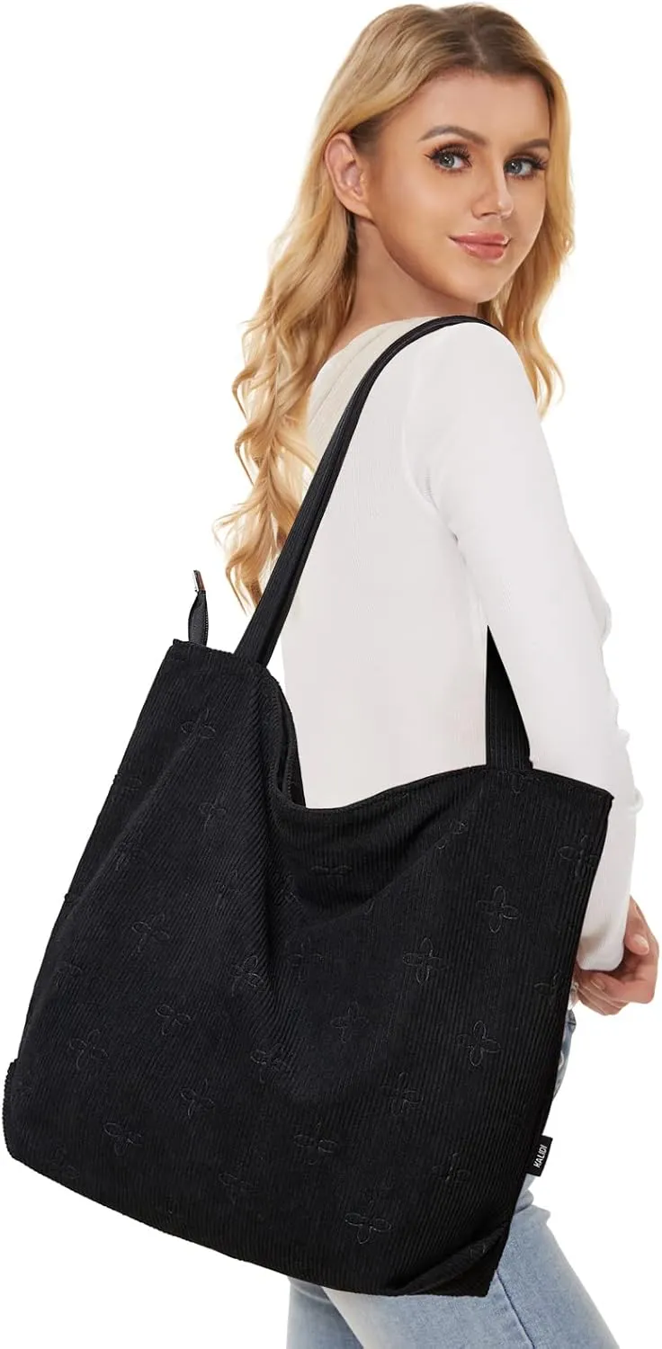 KALIDI Women Corduroy Tote Bag Zipper Casual Tote's Handbag Big Capacity Shoulder Bag with Pockets
