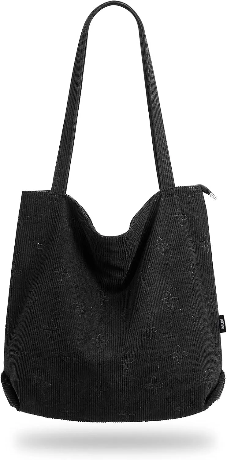 KALIDI Women Corduroy Tote Bag Zipper Casual Tote's Handbag Big Capacity Shoulder Bag with Pockets
