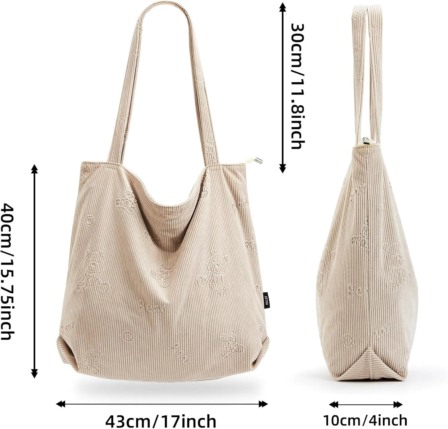 KALIDI Women Corduroy Tote Bag Zipper Casual Tote's Handbag Big Capacity Shoulder Bag with Pockets