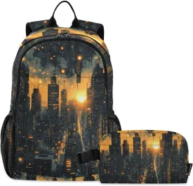 Kids Backpack Circuit Board City Night School Bookbag with Lunch Bag for Boys Girls Preschool Kindergarten Elementary Laptop Daypack