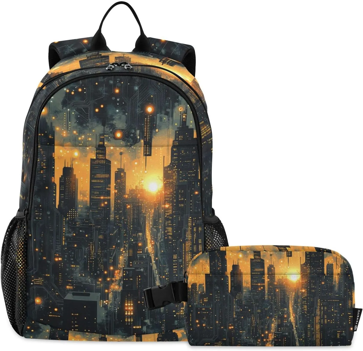 Kids Backpack Circuit Board City Night School Bookbag with Lunch Bag for Boys Girls Preschool Kindergarten Elementary Laptop Daypack