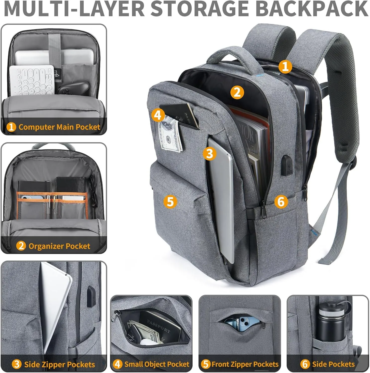 Laptop Backpack for Women Men,Work Commuter Travel Business Backpack with Laptop Compartment,College Computer Casual Daypack, Book Bags,17 Inch Gray