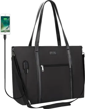 Laptop Tote Bag for Women 17 Inch, Large Teacher Tote Bag Office Work Bag Business Briefcase with Compartment and USB and Shoulder Straps Nylon Waterproof Computer Handbag Satchel