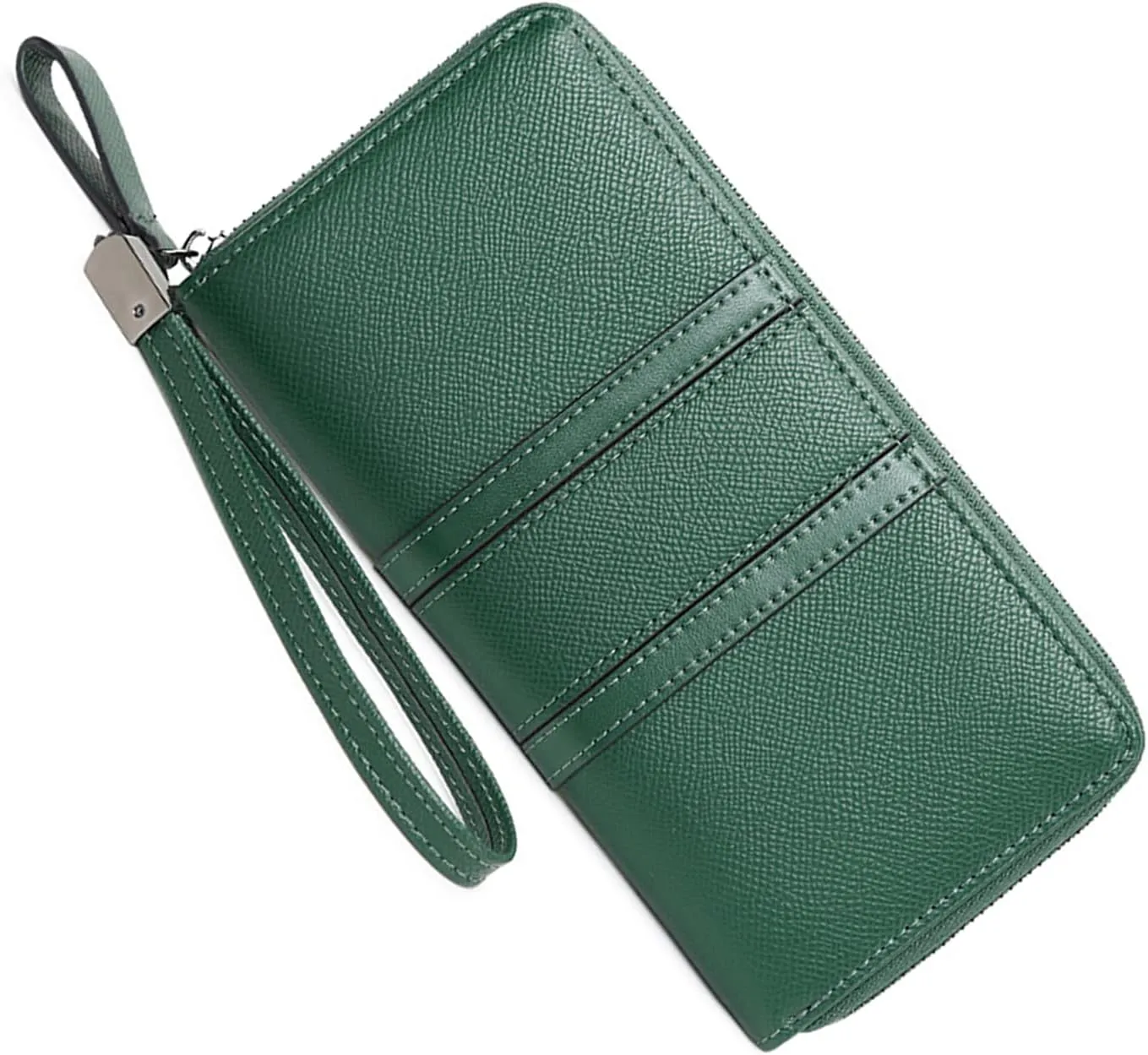 Large Capacity Wristlet Wallets for Women Zipper Wallets for Women Long Checkbook Clutch Ladies Wallets Vegan Leather with Wrist Strap (Green)