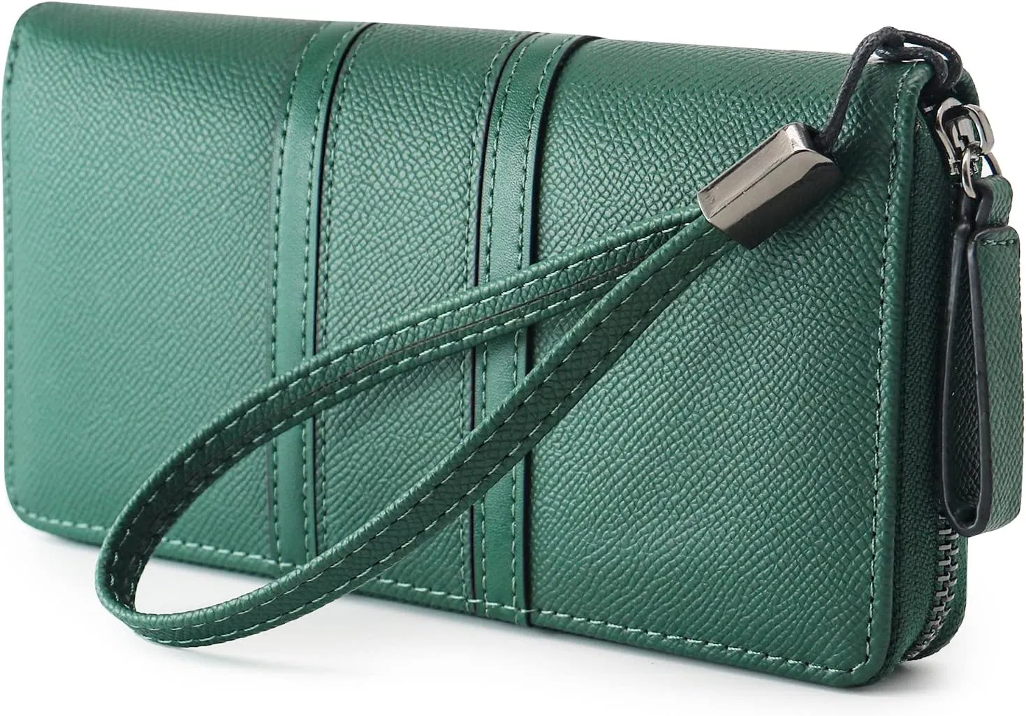 Large Capacity Wristlet Wallets for Women Zipper Wallets for Women Long Checkbook Clutch Ladies Wallets Vegan Leather with Wrist Strap (Green)