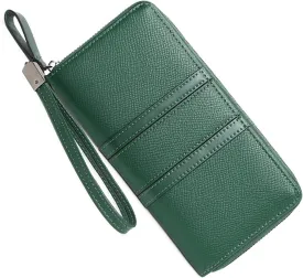 Large Capacity Wristlet Wallets for Women Zipper Wallets for Women Long Checkbook Clutch Ladies Wallets Vegan Leather with Wrist Strap (Green)
