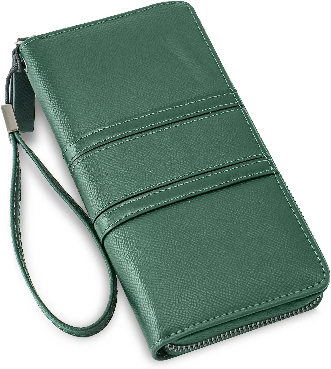 Large Capacity Wristlet Wallets for Women Zipper Wallets for Women Long Checkbook Clutch Ladies Wallets Vegan Leather with Wrist Strap (Green)