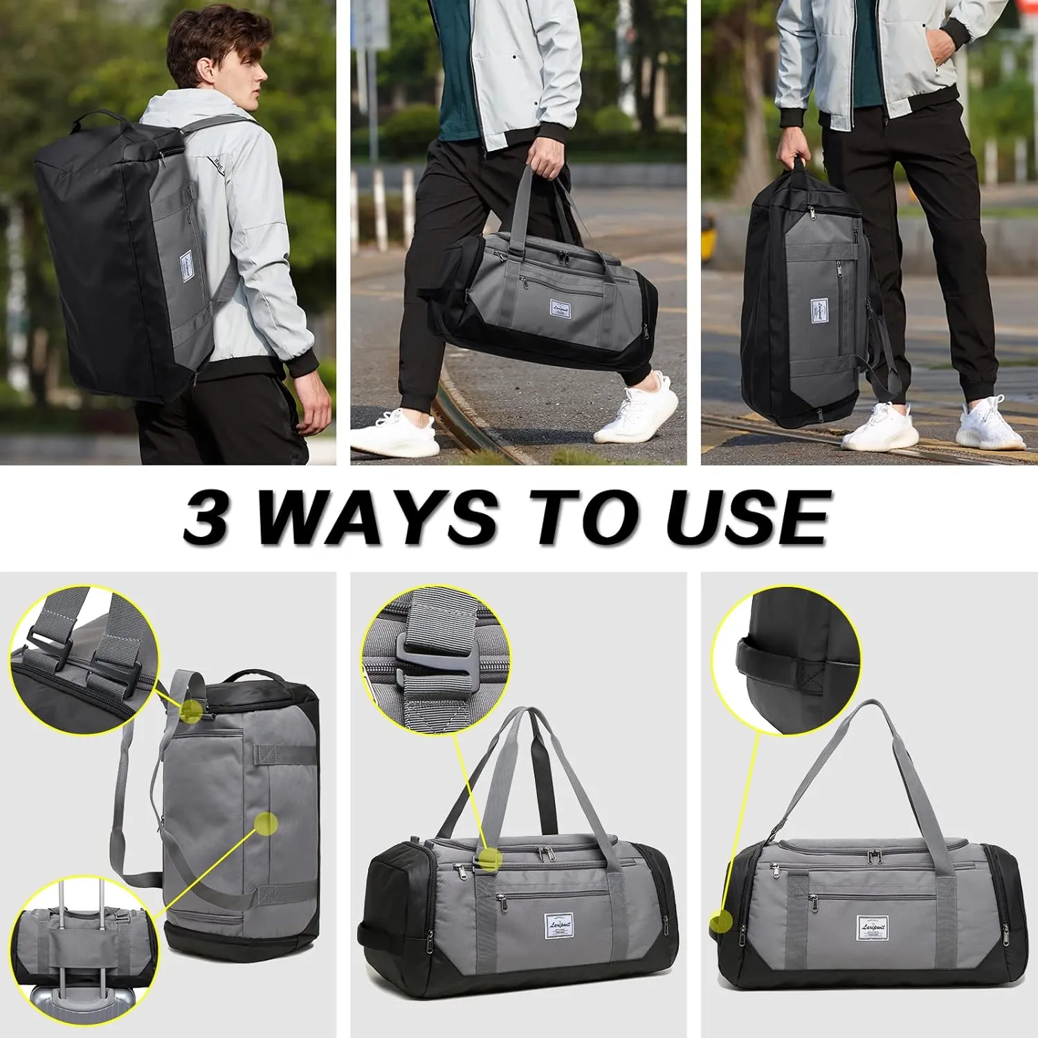 Laripwit Travel Duffle Bag for men 40L Medium Sports Gym Bag with Wet Pocket & Shoes Compartment Weekender Overnight Backpack for Traveling Duffel Bag Backpack for Women, Gray