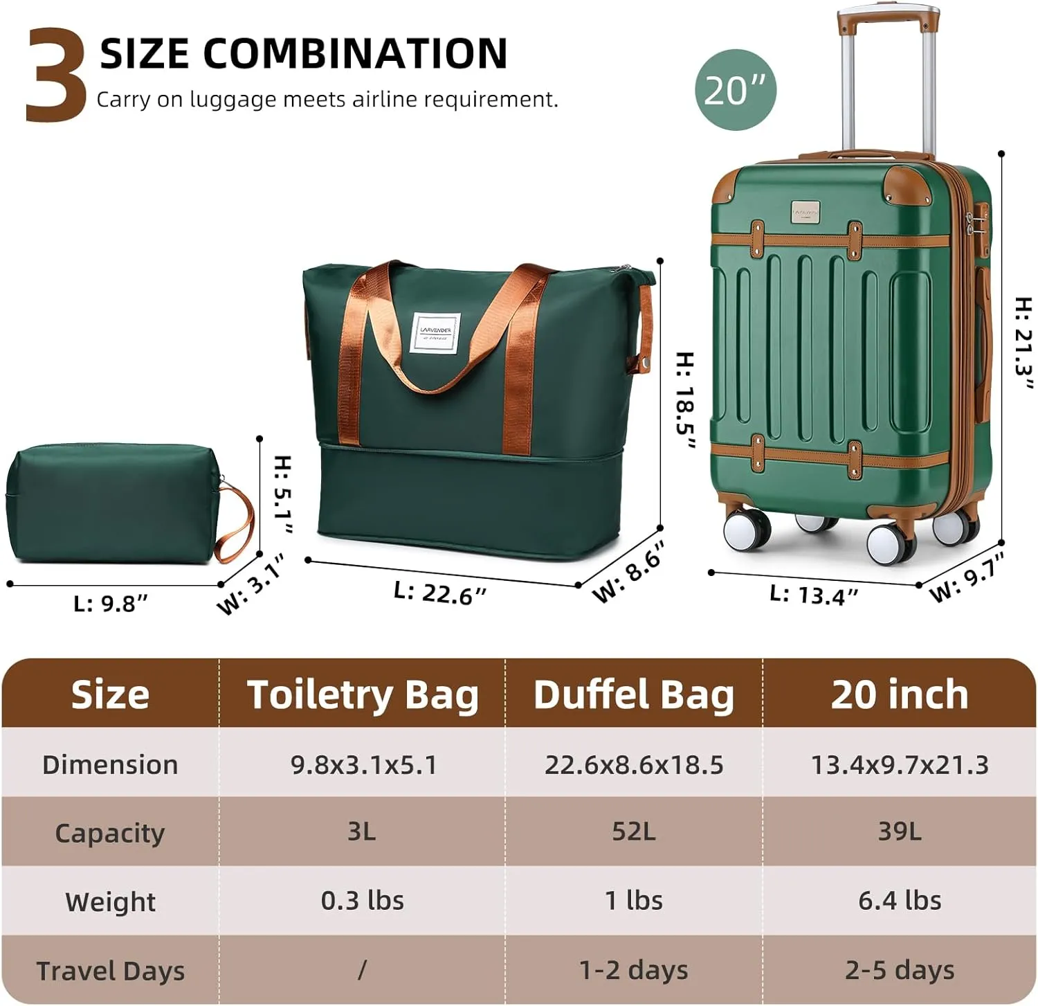LARVENDER Luggage Sets 3 Piece, Expandable Carry on Luggage 22x14x9 Airline Approved Hardshell Suitcases with Spinner Wheels TSA Lock, Vintage Rolling Luggage for Men and Women, Green