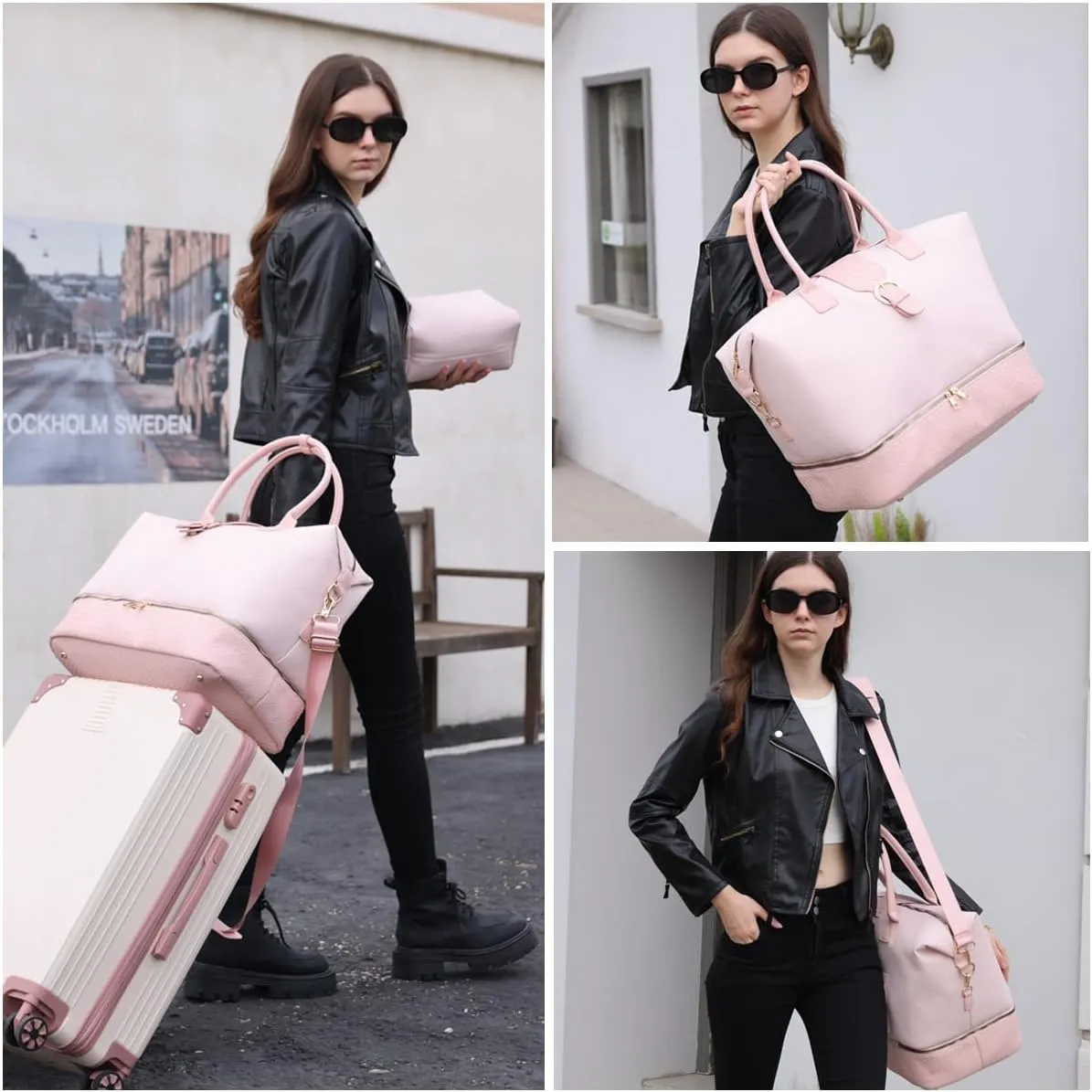 Leather Weekender Bags for Women, Travel Duffel Bag PU Overnight Bag Carry On Tote Bag with Shoe Compartment Wet Pocket