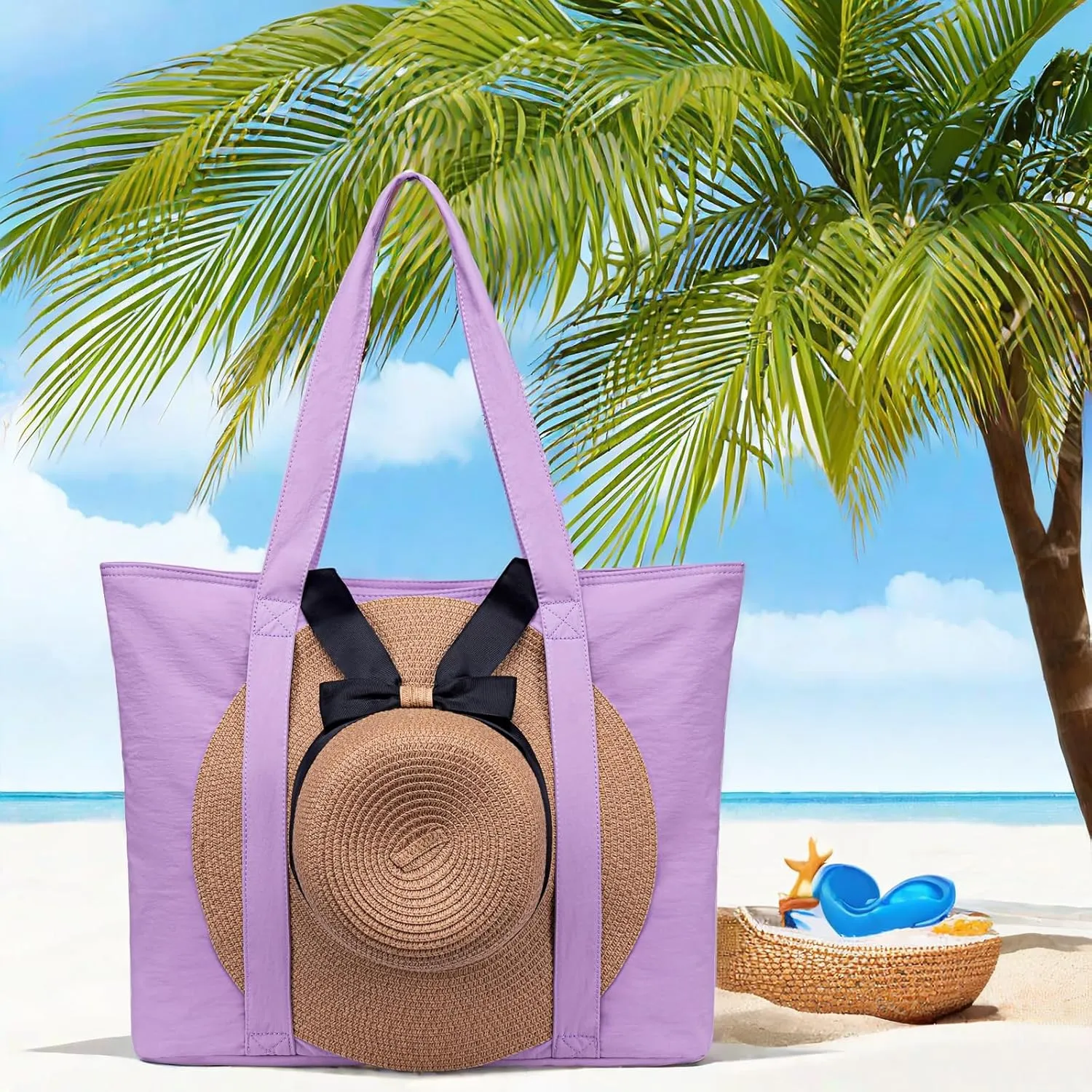 LEDAOU Beach Bags for Women, Beach Bags Waterproof Sandproof, Packable Beach Tote Bag with Zipper Travel Sports