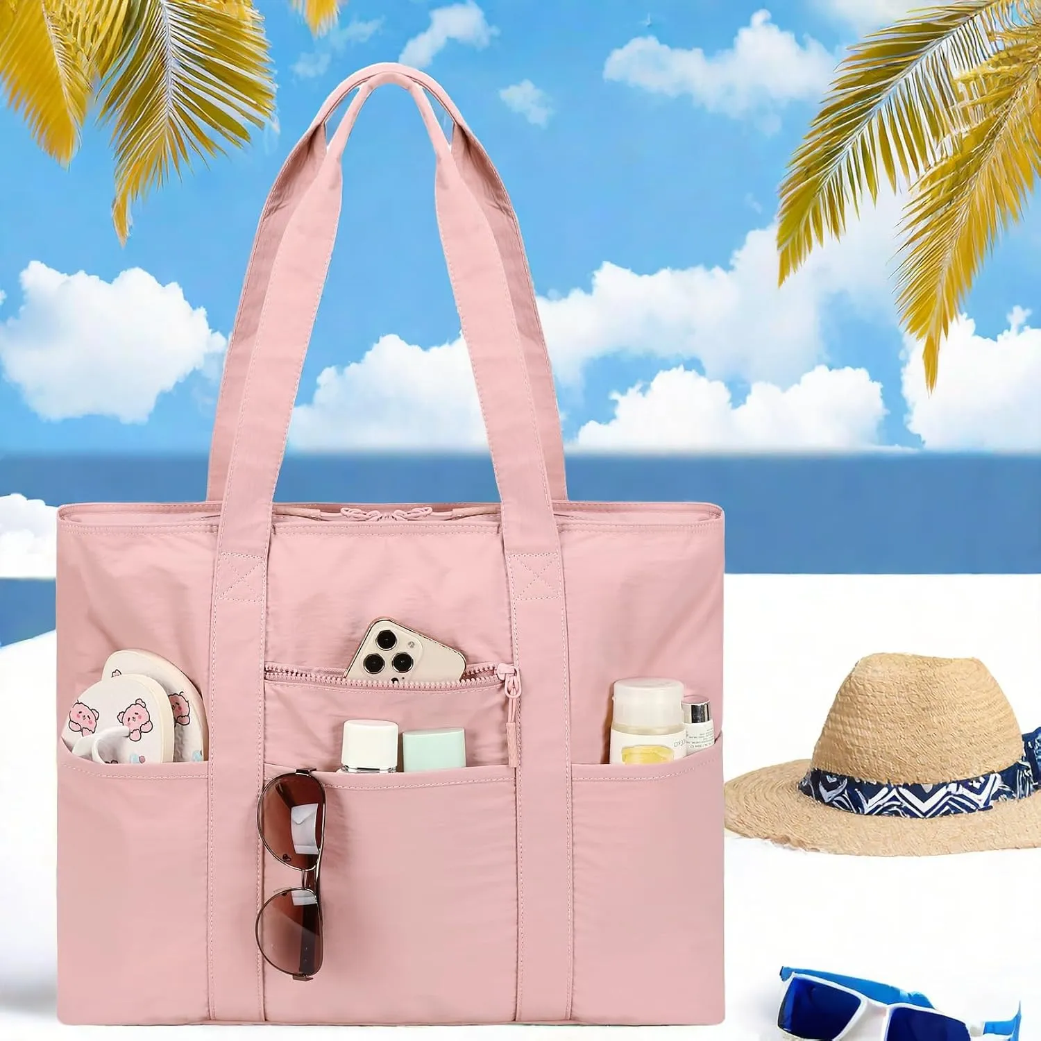 LEDAOU Beach Bags for Women, Beach Bags Waterproof Sandproof, Packable Beach Tote Bag with Zipper Travel Sports