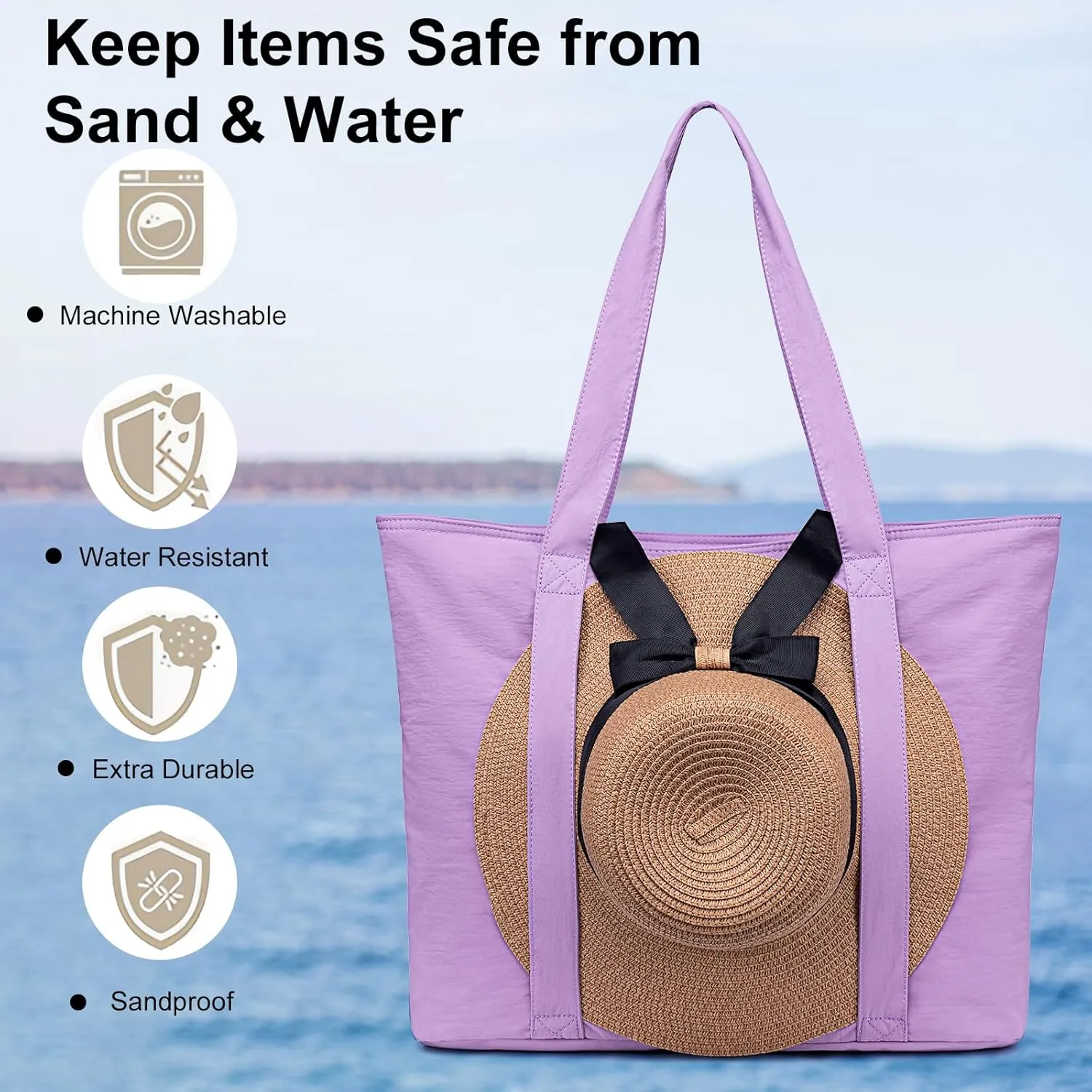 LEDAOU Beach Bags for Women, Beach Bags Waterproof Sandproof, Packable Beach Tote Bag with Zipper Travel Sports