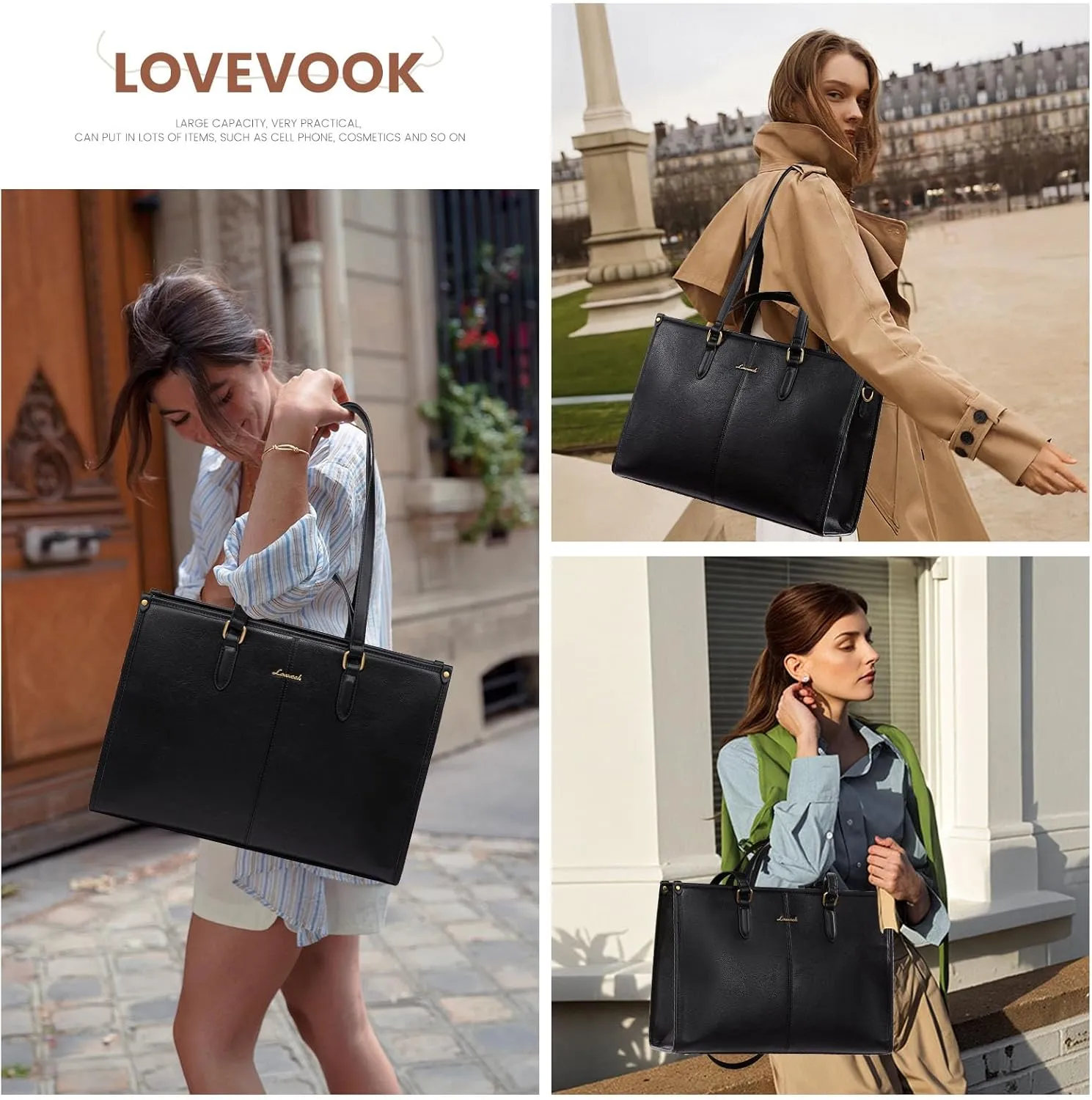 LOVEVOOK 15.6 Inch Laptop Bag for Women With Clutch - Vintage Leather Tote, Computer Purse, Briefcase Shoulder Handbag for Business Office Teacher