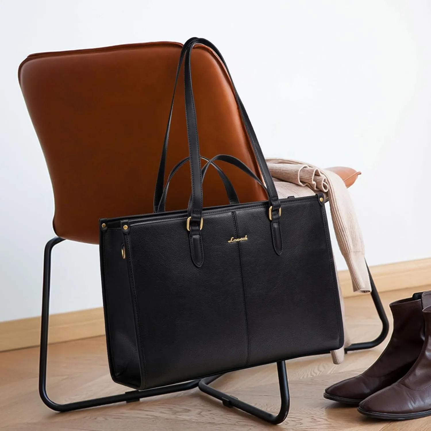 LOVEVOOK 15.6 Inch Laptop Bag for Women With Clutch - Vintage Leather Tote, Computer Purse, Briefcase Shoulder Handbag for Business Office Teacher