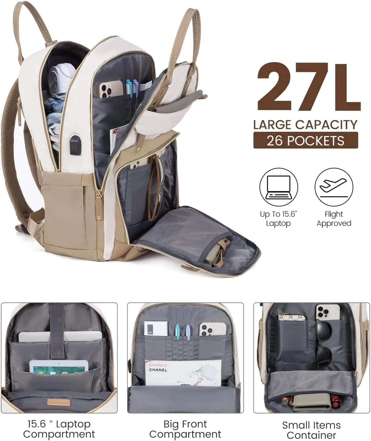 LOVEVOOK Backpack for Women, Fit 15.6 Inch Laptop Backpack Business Anti Theft Slim Durable Backpacks with USB Charging Port, Resistant Computer Bag Gifts for Men & Women, Beige-Khaqi