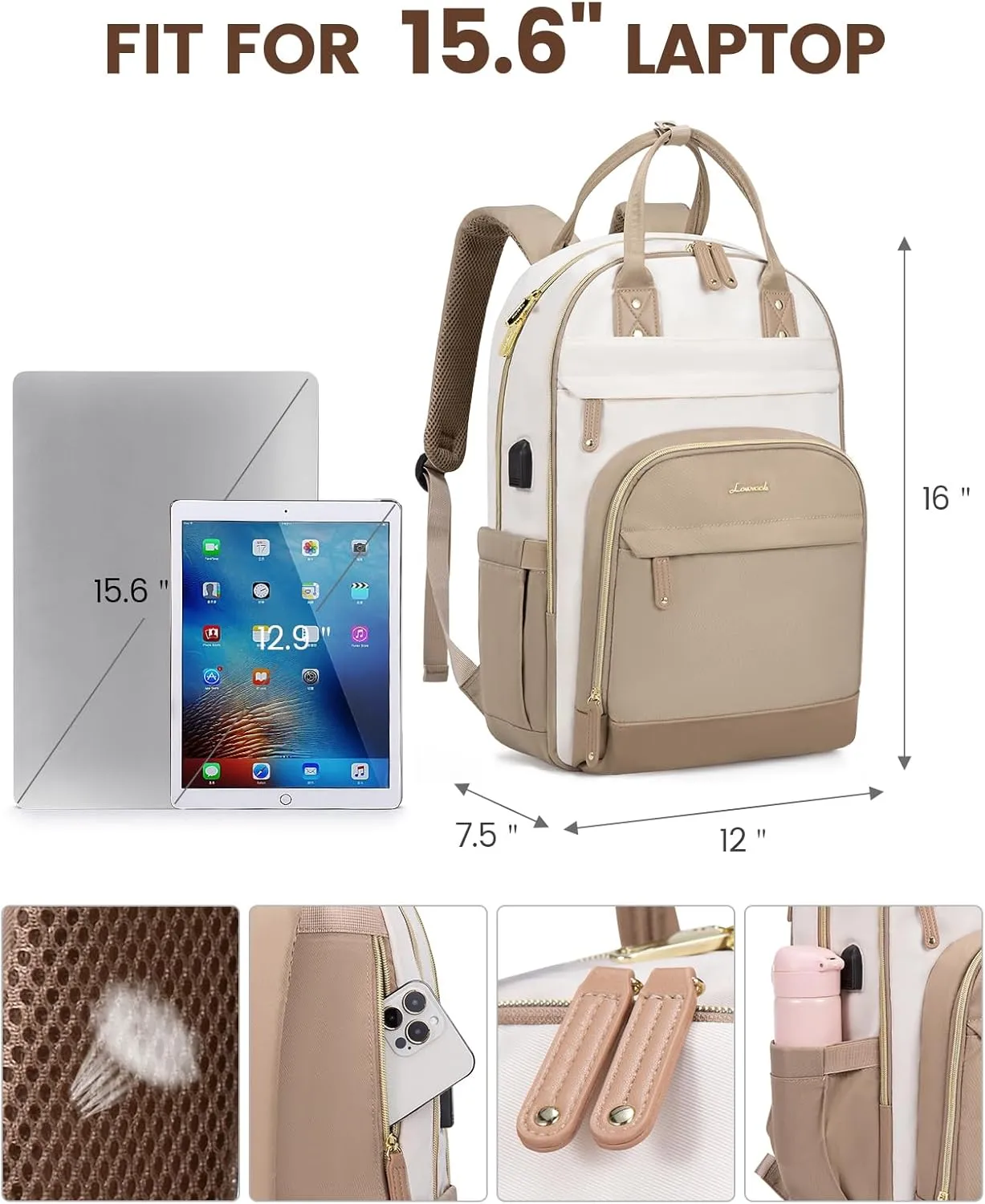 LOVEVOOK Backpack for Women, Fit 15.6 Inch Laptop Backpack Business Anti Theft Slim Durable Backpacks with USB Charging Port, Resistant Computer Bag Gifts for Men & Women, Beige-Khaqi