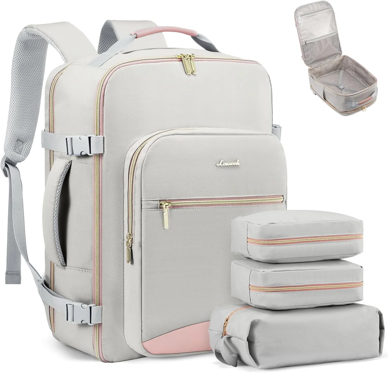 LOVEVOOK Carry on Backpack, 50L Travel Backpack Flight Approved, Waterproof Large 18inch Laptop Backpack Luggage Daypack Business Weekender Overnight with 3 Packing Cubes, Light gray-Pink