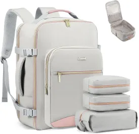 LOVEVOOK Carry on Backpack, 50L Travel Backpack Flight Approved, Waterproof Large 18inch Laptop Backpack Luggage Daypack Business Weekender Overnight with 3 Packing Cubes, Light gray-Pink