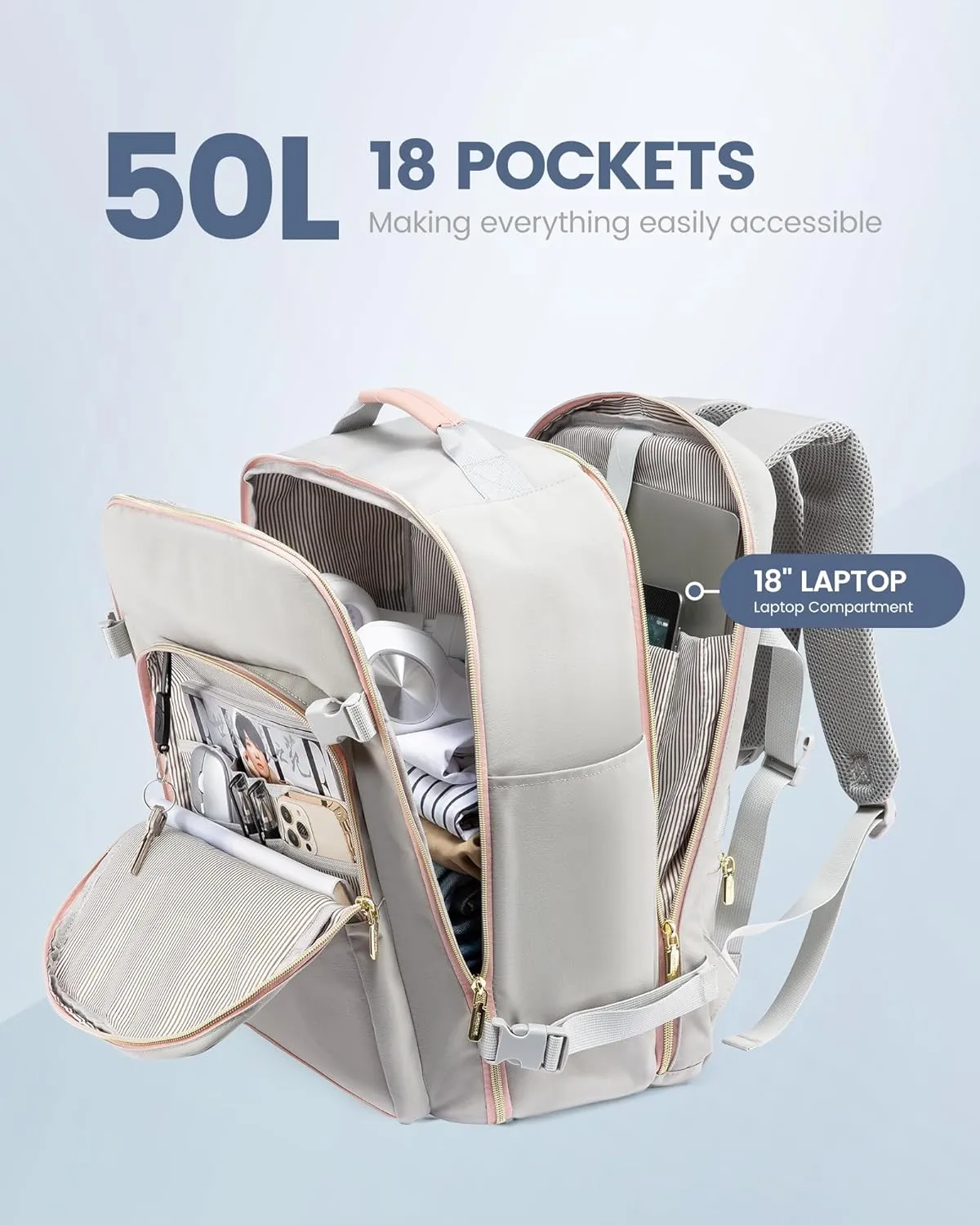 LOVEVOOK Carry on Backpack, 50L Travel Backpack Flight Approved, Waterproof Large 18inch Laptop Backpack Luggage Daypack Business Weekender Overnight with 3 Packing Cubes, Light gray-Pink