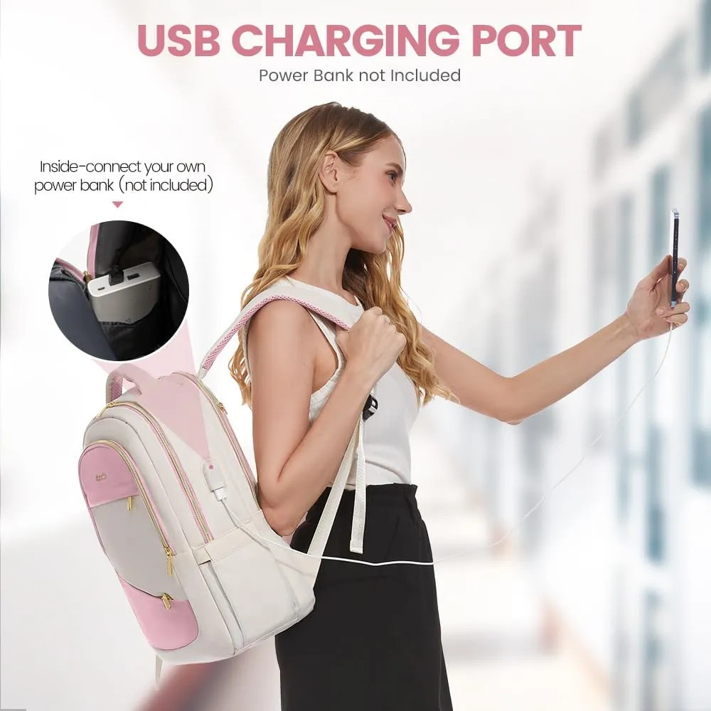 LOVEVOOK Laptop Backpack for Women,15.6 Inch College Travel Work Copmputer Backpack,Backpacks with USB Port,Waterproof Back Pack with Laptop Compartment for Teacher Nurse,White-Pink