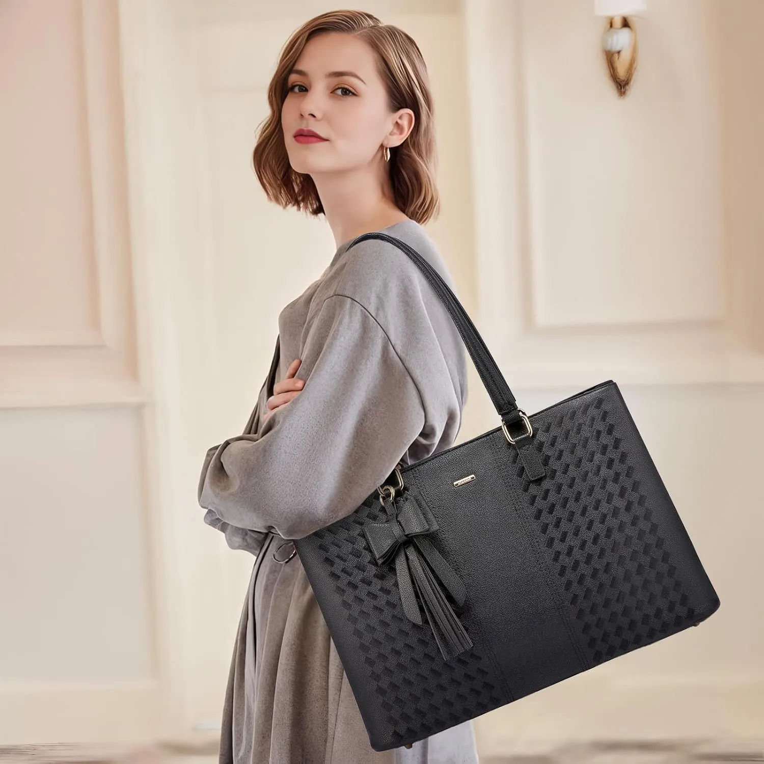 LOVEVOOK Laptop Tote Bag for Women 15.6 Inch Waterproof Leather Computer Bags for Business Office Work Briefcase,Black 2024